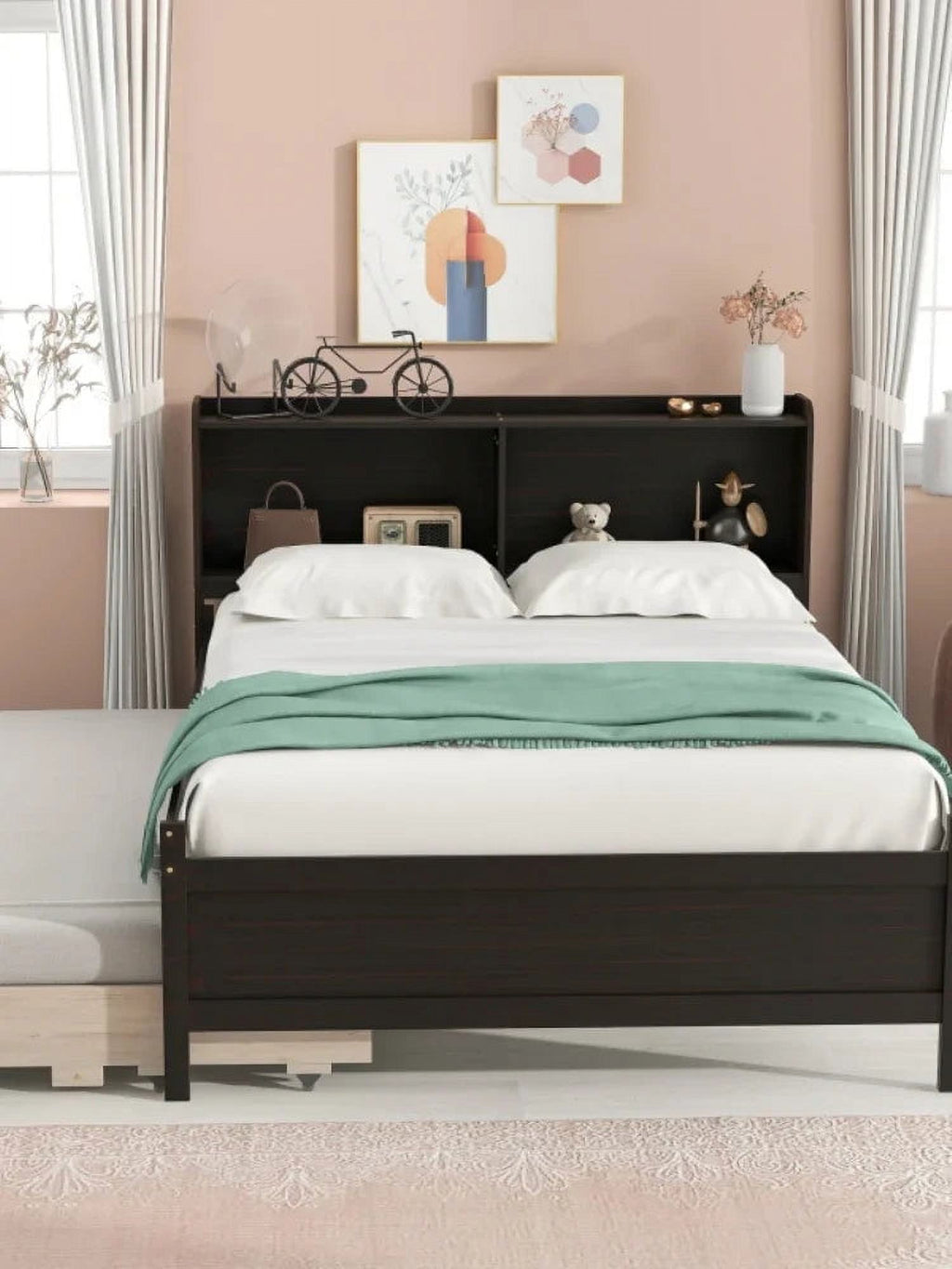Bed with Bookcase Twin Trundle Drawers Espresso q7