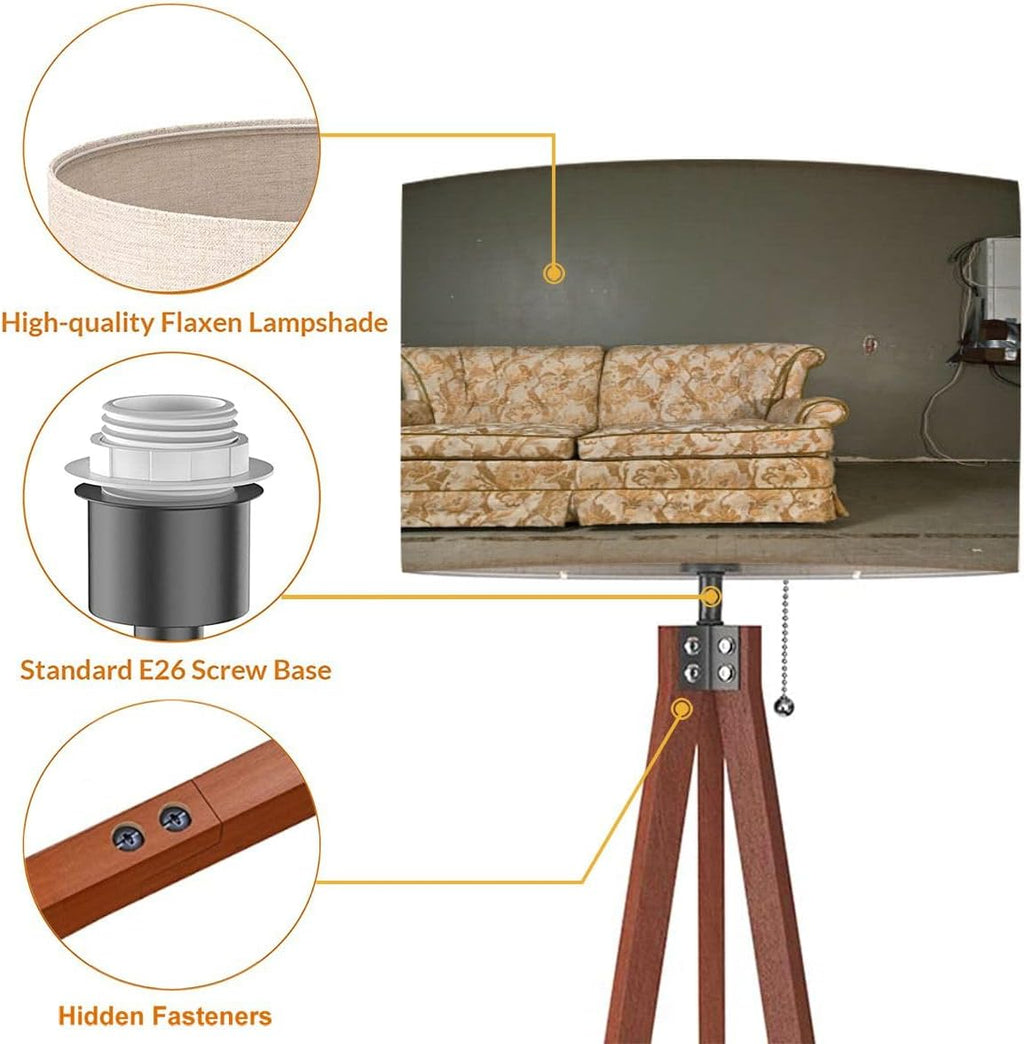 Wood Tripod Floor Lamp Linen Shade Dimmable Tall a7