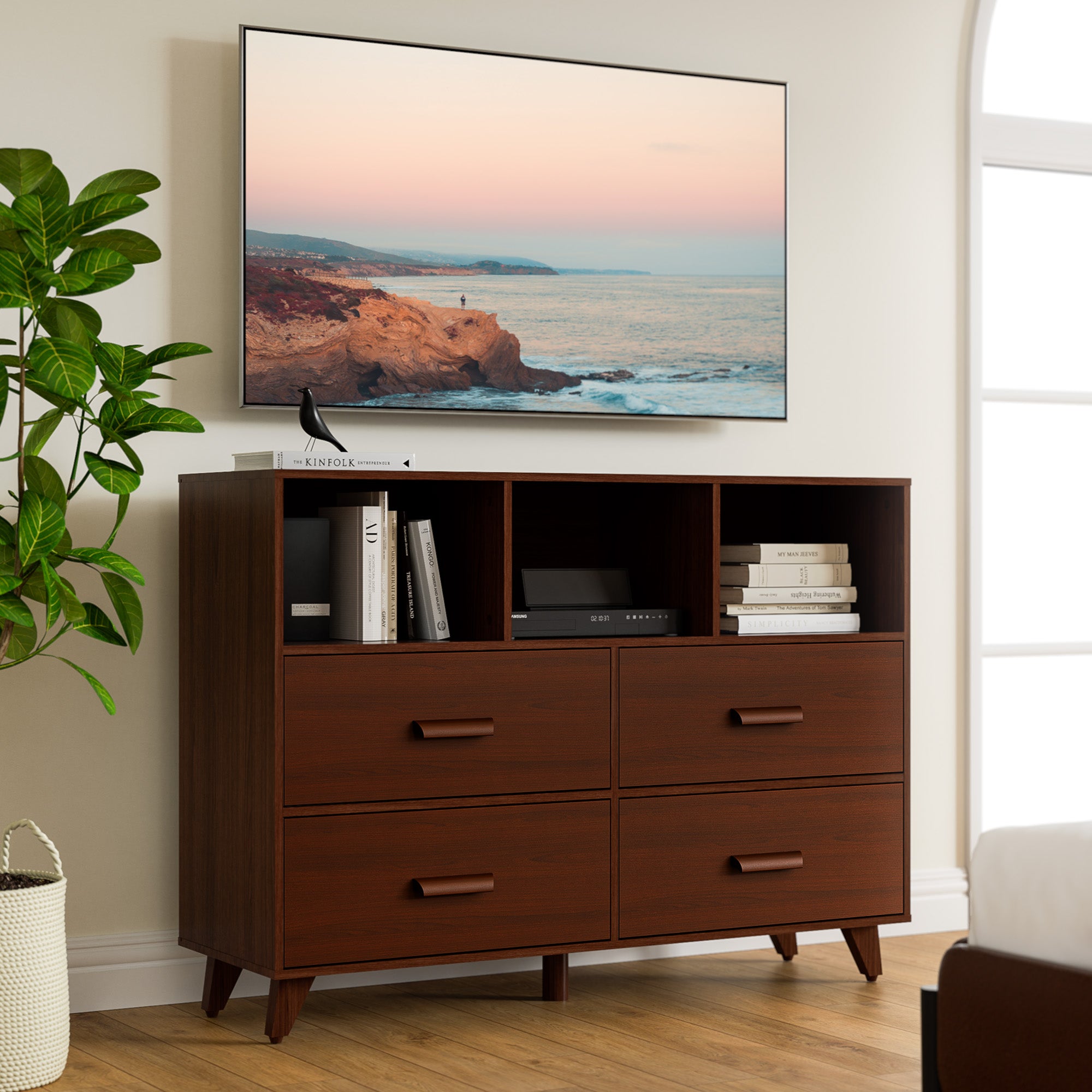 4-Drawer Wood Dresser Chest with Open Shelves a7