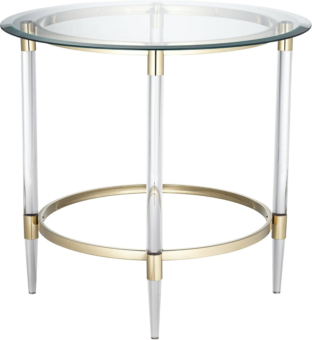 Round Glass Side Table 24" Clear Gold Rings d7k