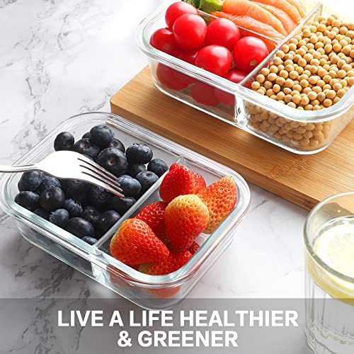 Glass Meal Prep Containers 3 Compartment with Lids Airtight Bento Boxes BPA-Free Leak Proof Grey k7