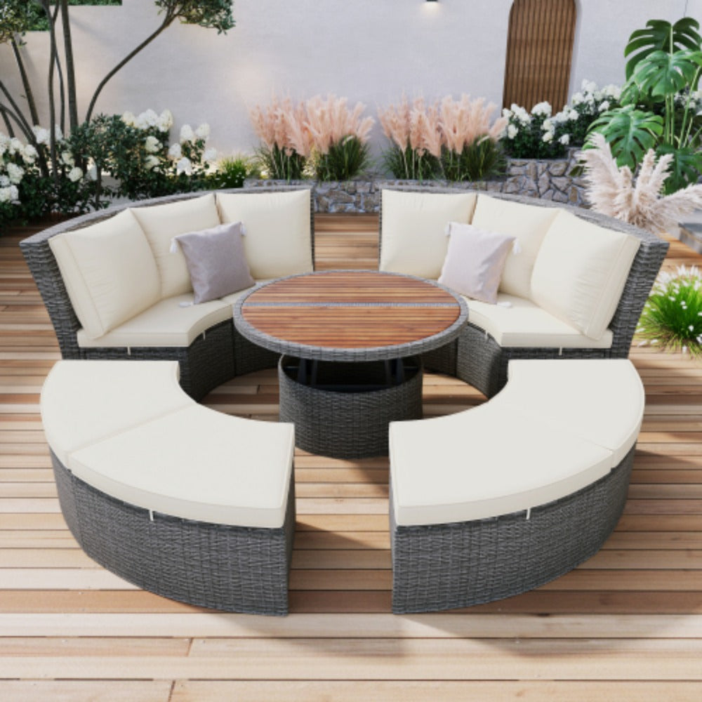 Patio 5-Piece Round Rattan Sectional Sofa Set with Liftable Table a7