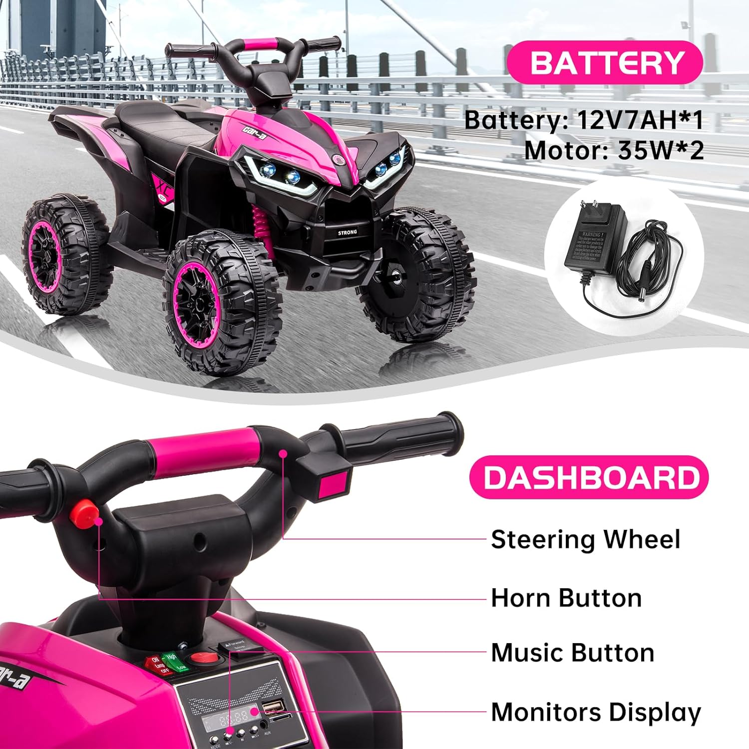 Kids Electric Ride-On ATV 12V Pink A7