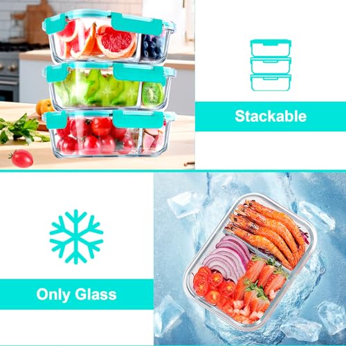 Glass Meal Prep Containers 2 Compartment 36OZ Airtight with Lids Grey k7