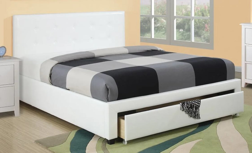 White Full Size Bed with Underbed Storage Drawers Wooden Tufted Upholstered Faux Leather A7