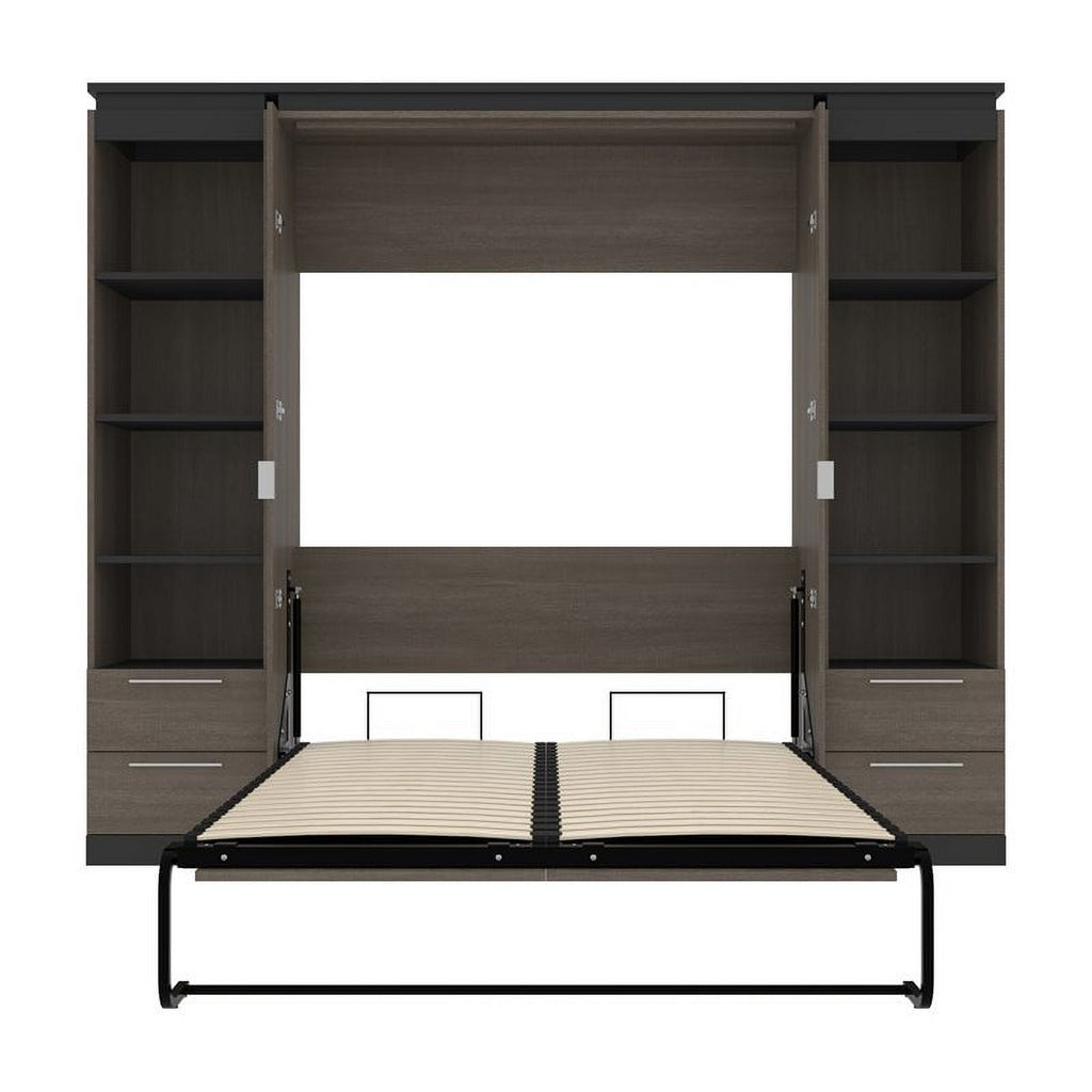 Full Murphy Bed with 2 Bookcases and Drawers, Bark Gray k7