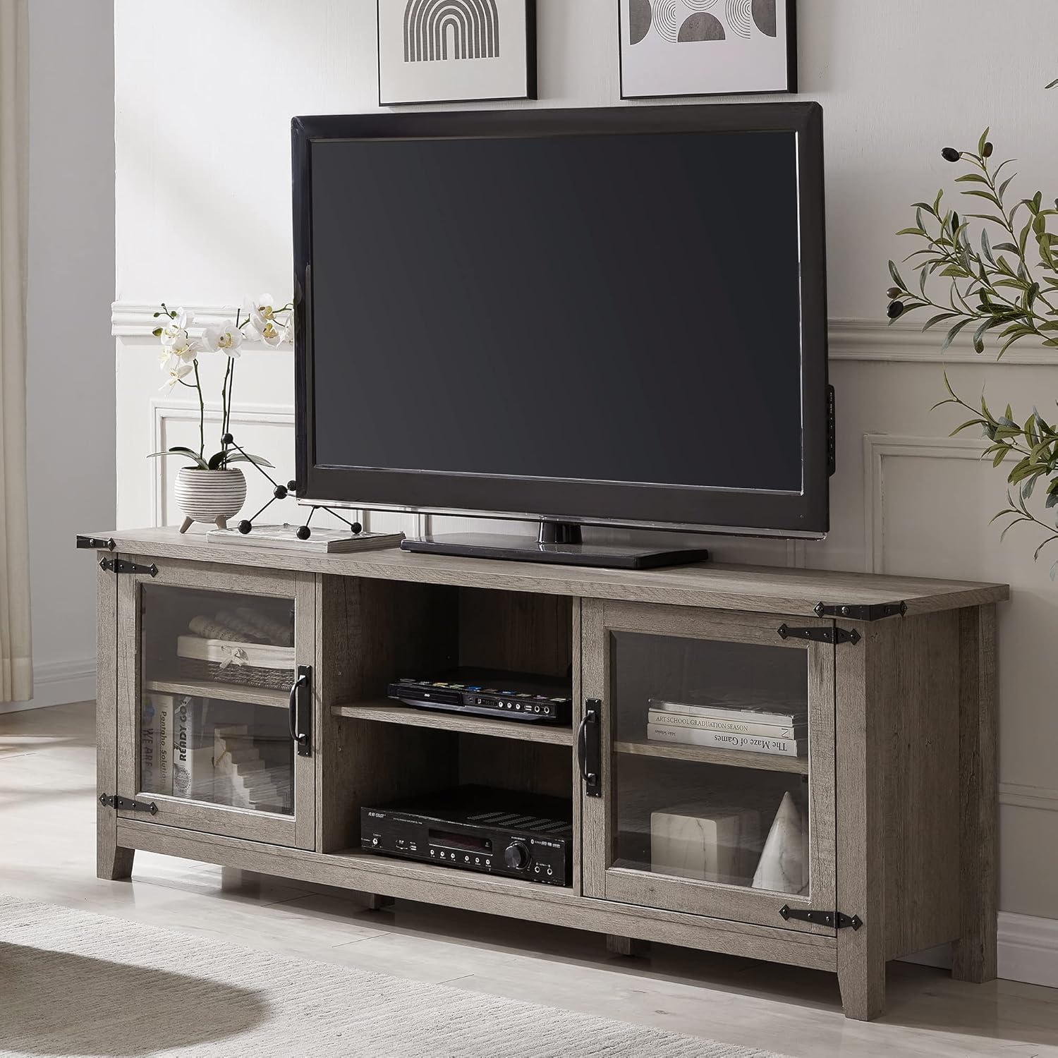 Rustic TV Stand for TVs Up to 65 Inch with Glass Cabinets A7