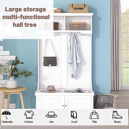 Hall Tree with Shoe Bench and 4 Hooks White k7