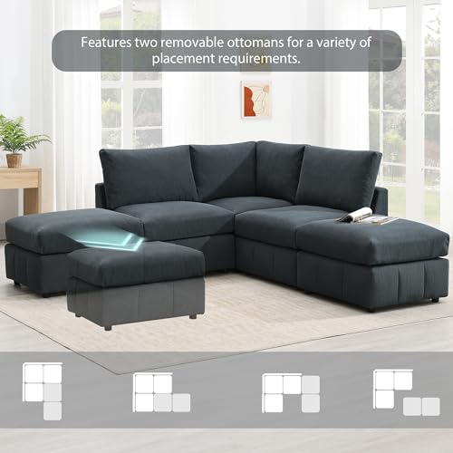 93" L-Shaped Sectional Sofa with 2 Ottomans, Dark Grey Corduroy q7