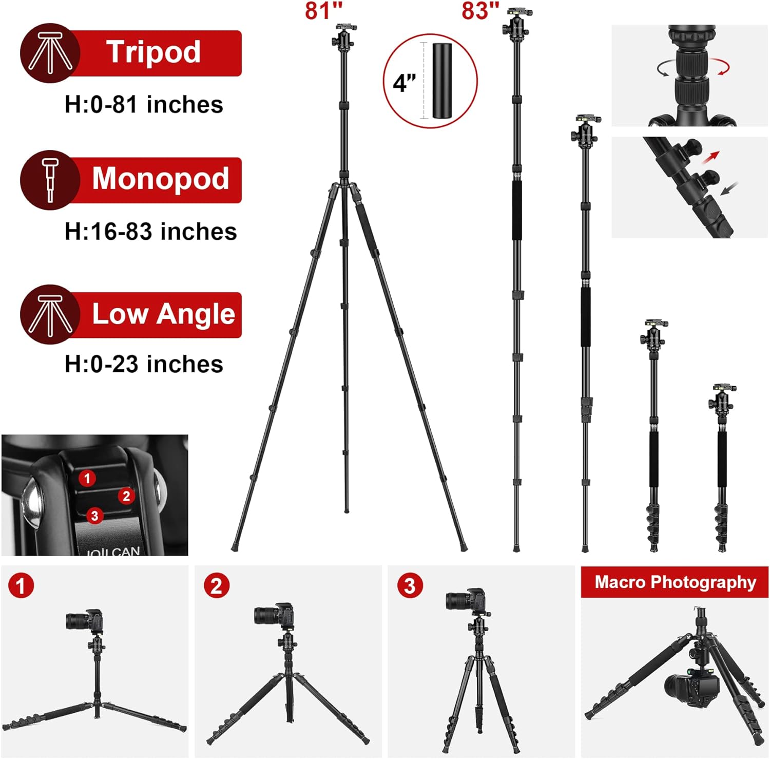 Camera Tripod Stand 81in Heavy Duty for DSLR Telescope Black k7