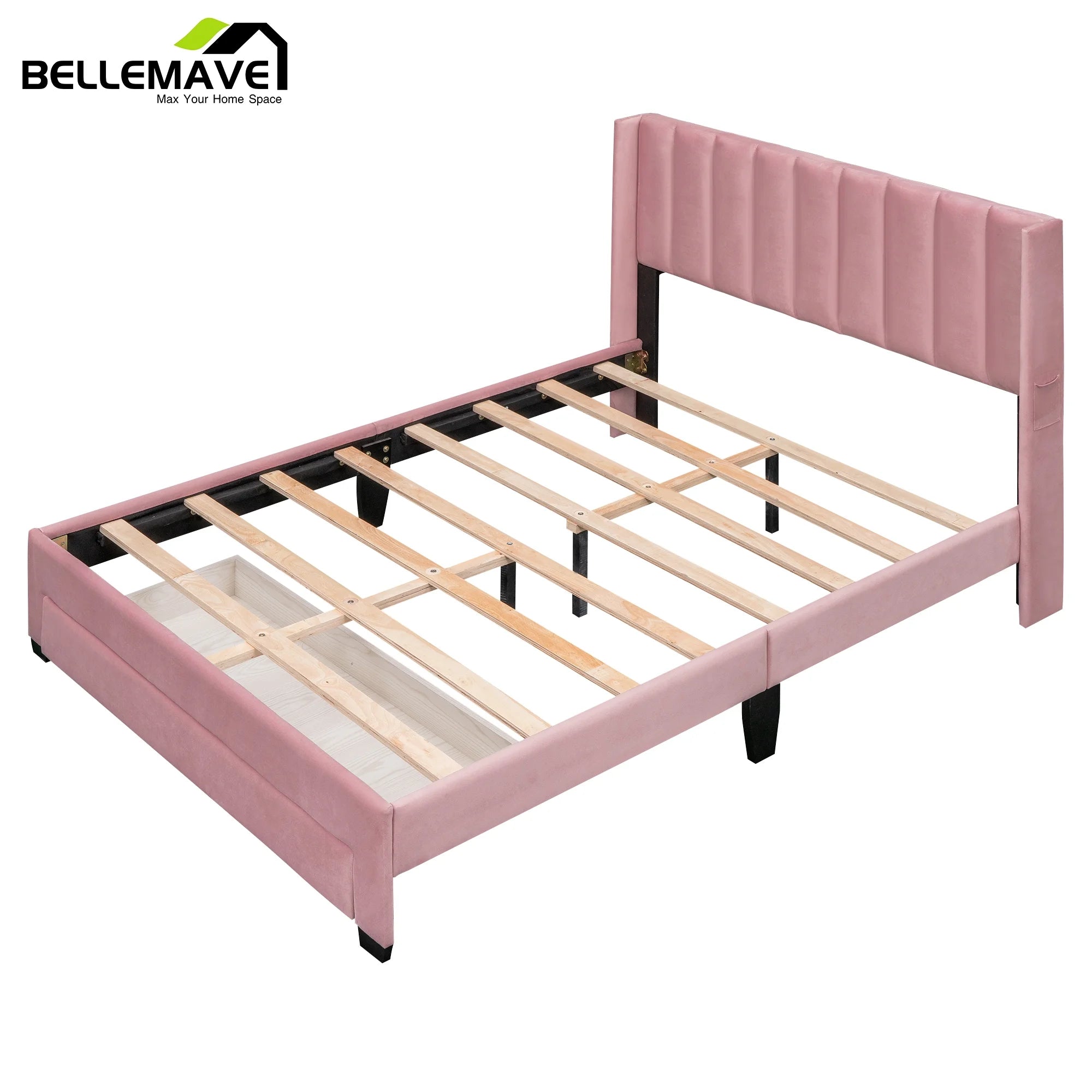 Queen Size Pink Velvet Upholstered Platform Bed with Drawer A7