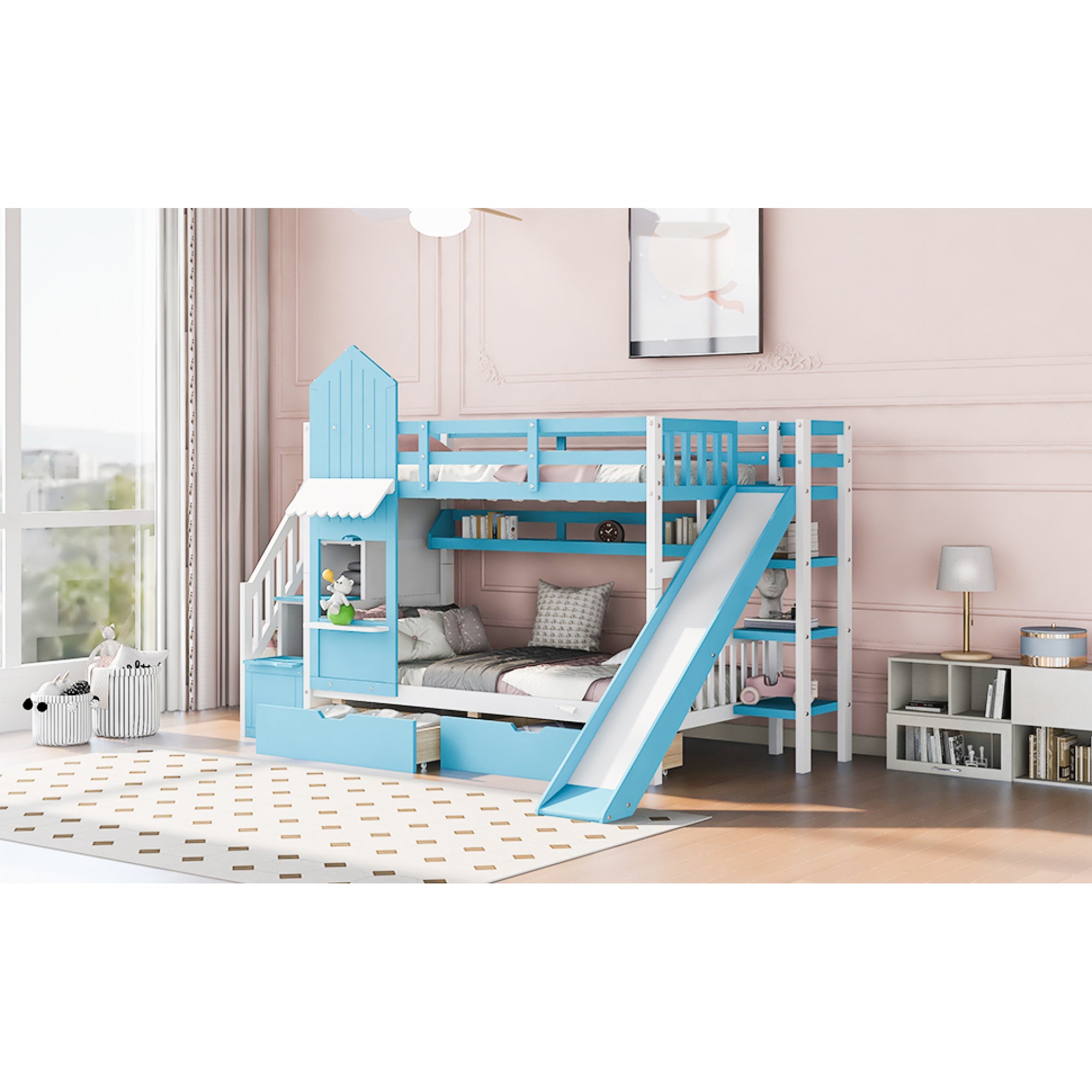 Kids Twin Bunk Bed with Slide and Drawers a7