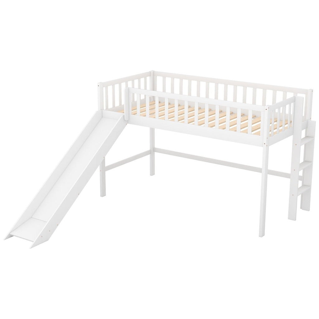Wooden Low Loft Bed with Slide and Ladder White k7