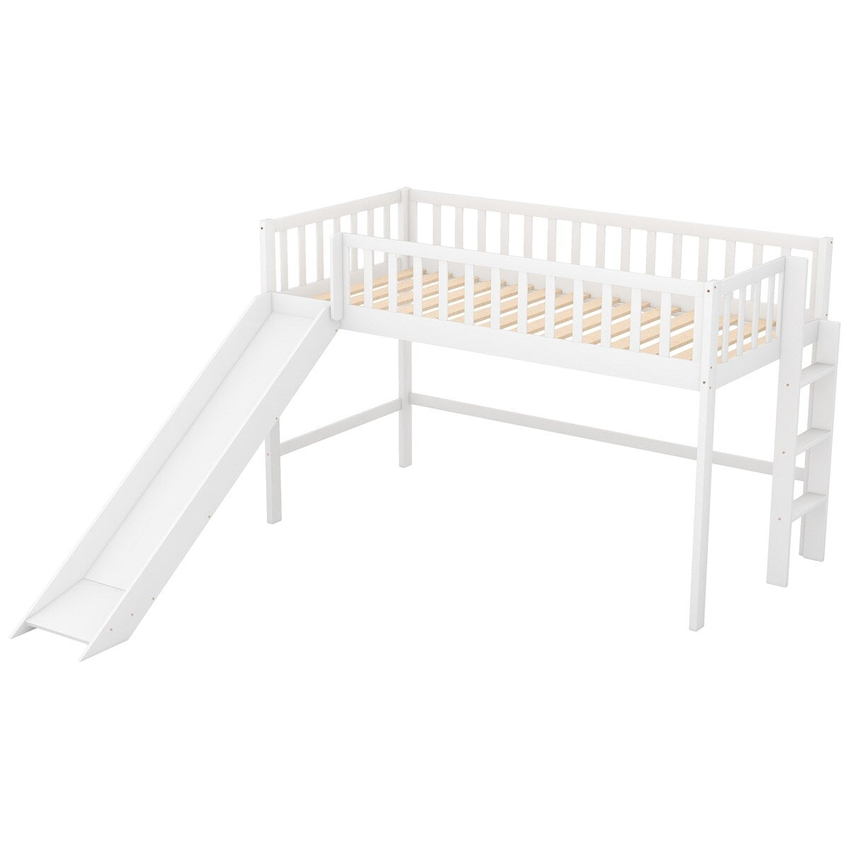 Wooden Low Loft Bed with Slide and Ladder White k7