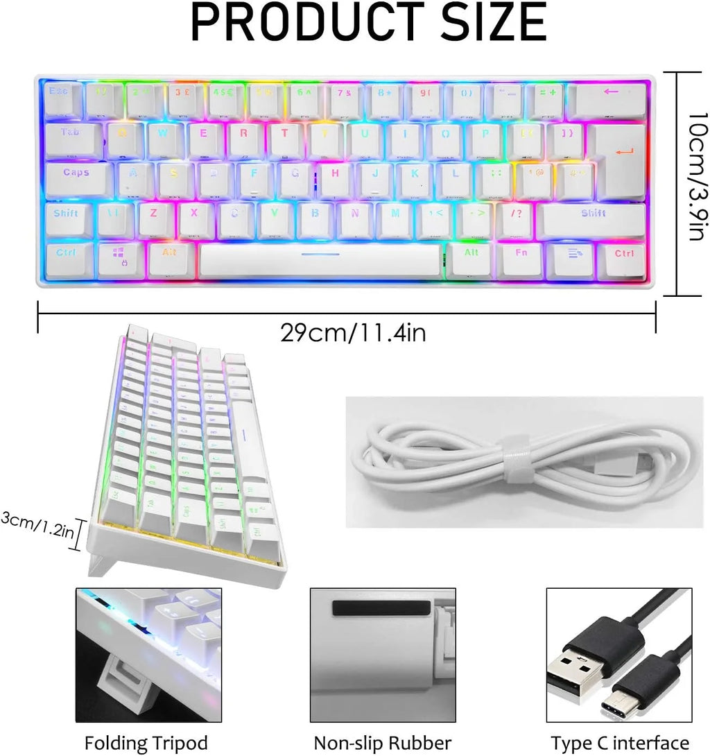 Mechanical Gaming Keyboard 60% Wired Type C RGB Backlit White Red Switch k7