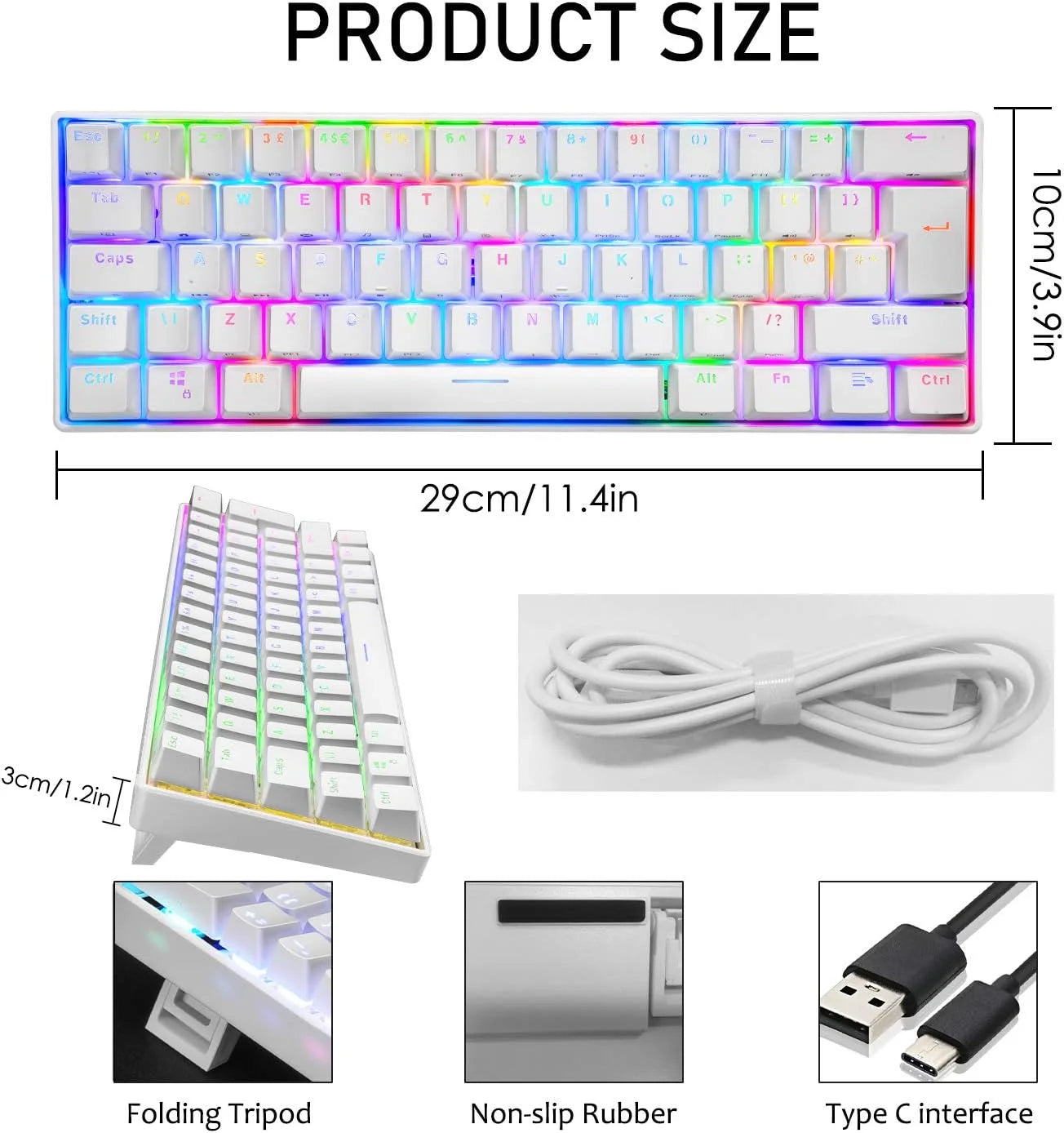 Mechanical Gaming Keyboard 60% Wired Type C RGB Backlit White Red Switch k7