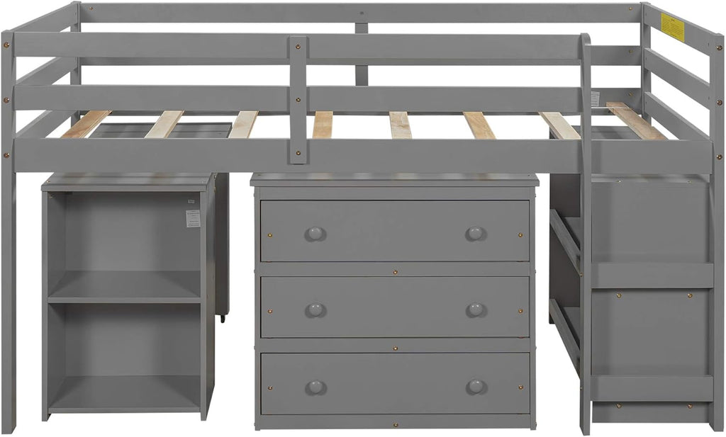 Twin Study Loft Bed with Rolling Desk and Bookcase Gray A7