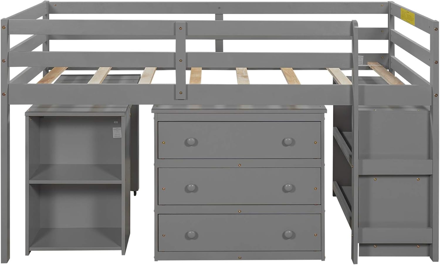 Twin Study Loft Bed with Rolling Desk and Bookcase Gray A7