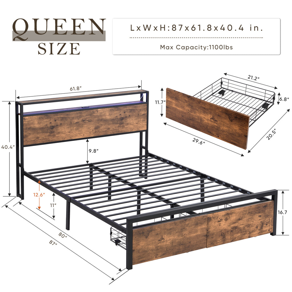 Queen Size Bed Frame with Storage Headboard and Drawers LED Lights A7