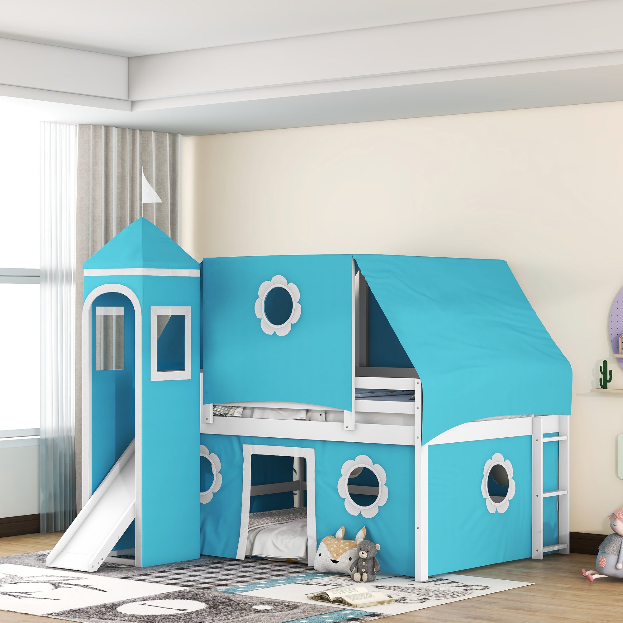 Wood Bunk Bed with Ladder & Safety Guardrail, Solid Wood Bed Frame for Dormitory & Multiple-Child Family, Bunk Bed with Slide Blue Tent and Tower(Blue, Full)
