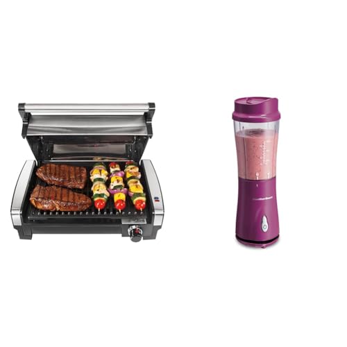 Hamilton Beach Electric Indoor Searing Grill with Adjustable Temperature Control to 450F & Portable Blender for Shakes and Smoothies with 14 Oz BPA Free Travel Cup and Lid