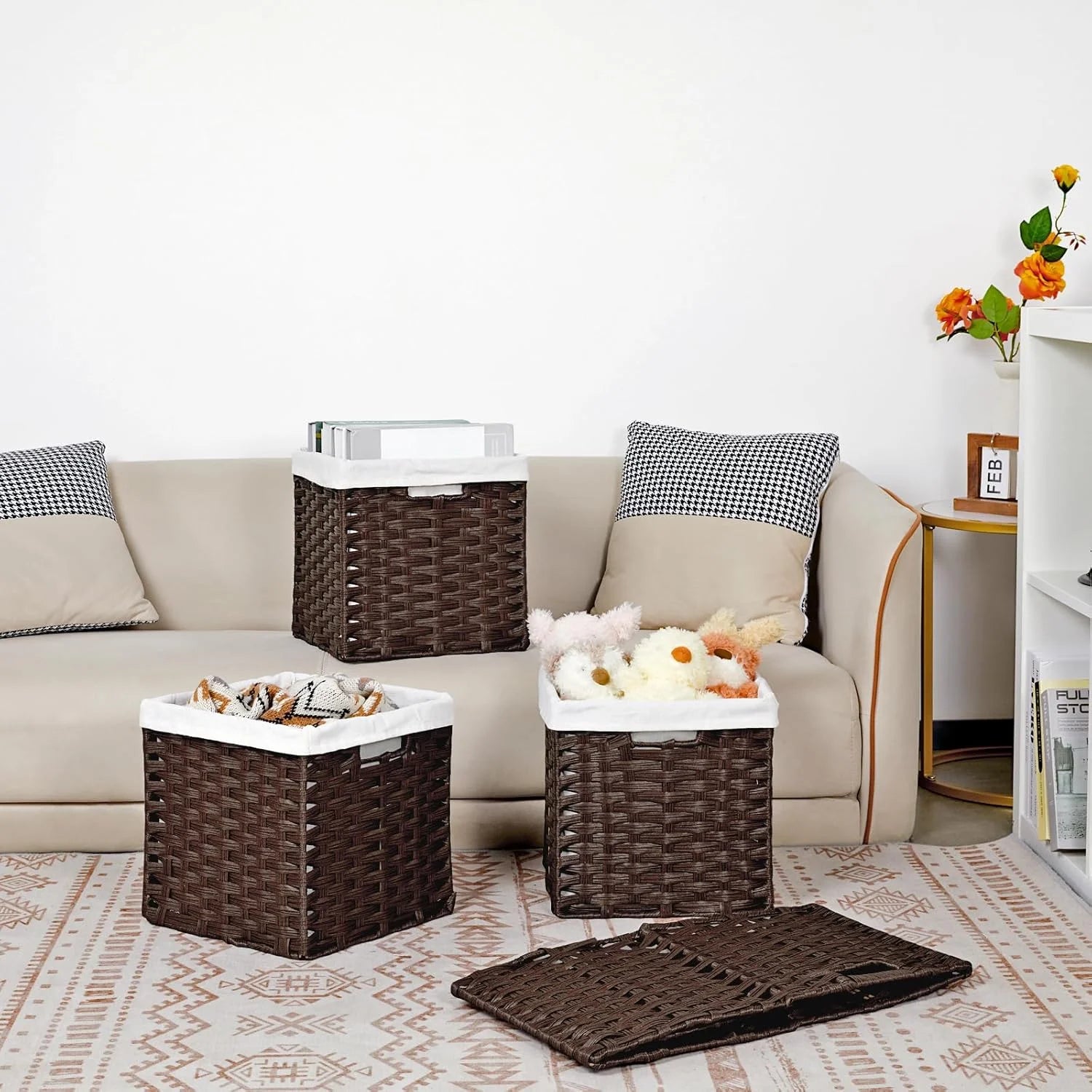 Wicker Storage Baskets 4-Pack with Liners for Shelves a7