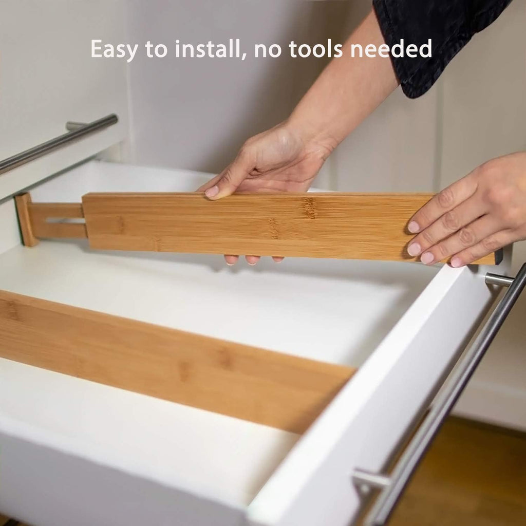 Bamboo Drawer Divider 4 Pack, Adjustable Organizer for Clothes, Kitchen, Office a7