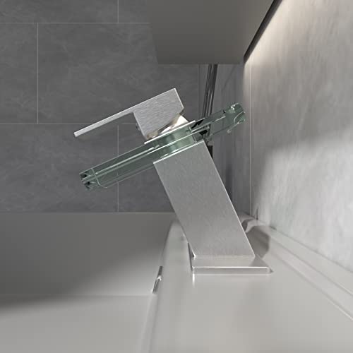 Black Bathroom Faucet Glass Waterfall Single Handle Matte Black a7