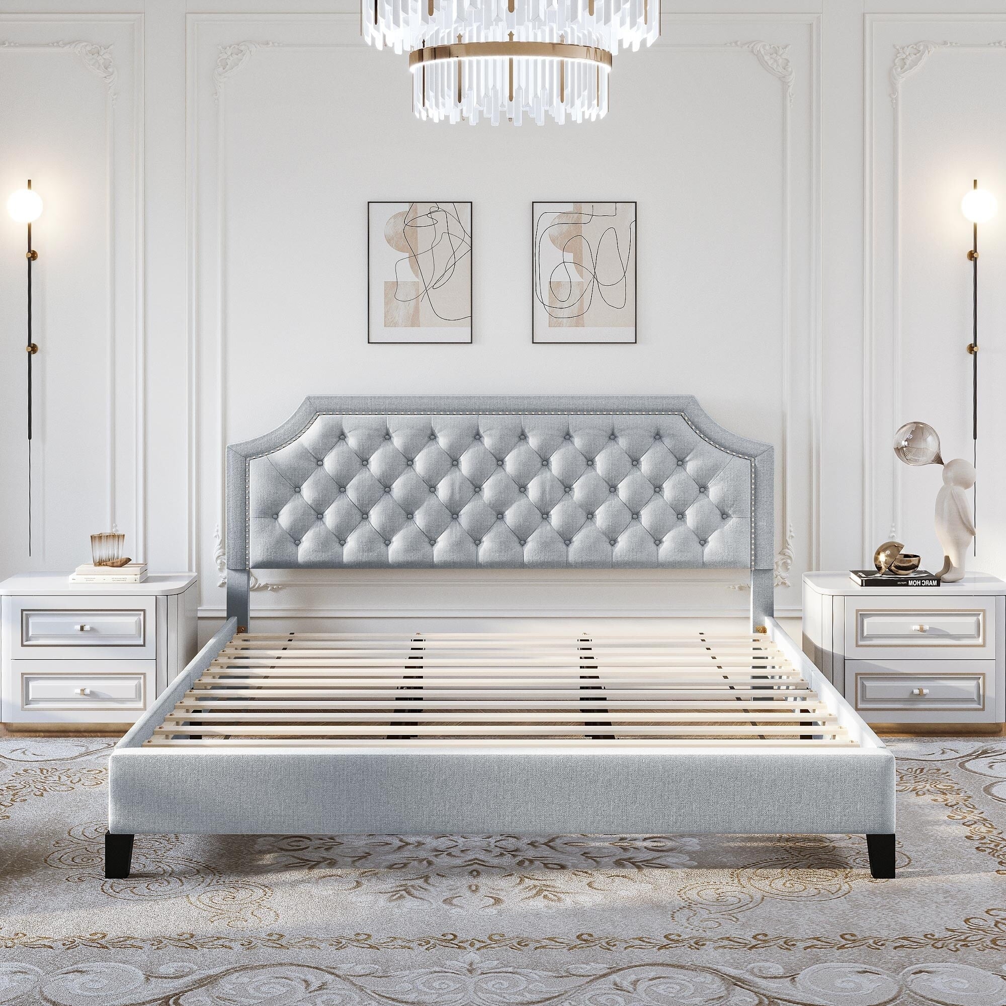 Tufted Upholstered Bed Frame with Adjustable Headboard Grey F7k