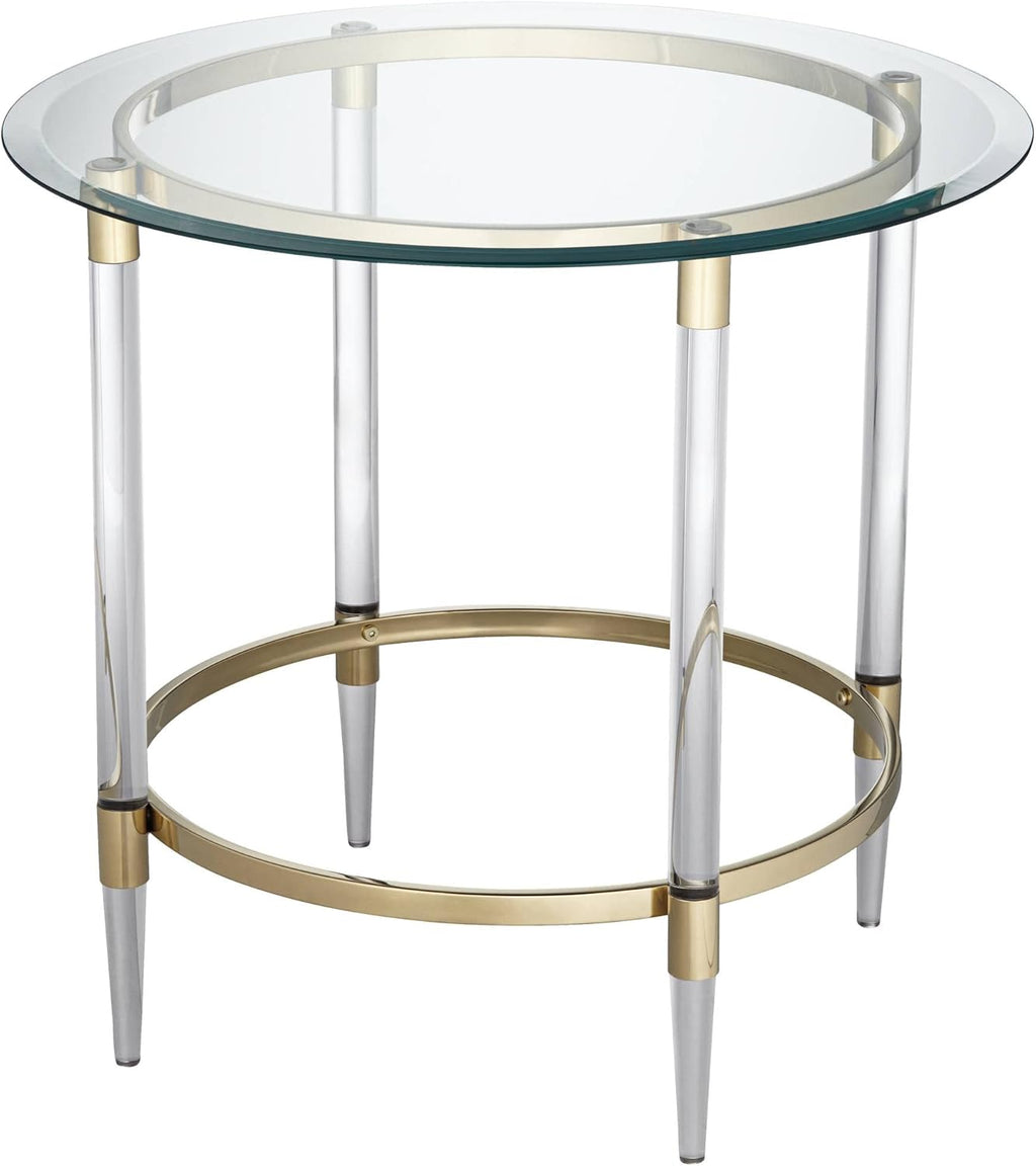 Round Glass Side Table 24" Clear Gold Rings d7k