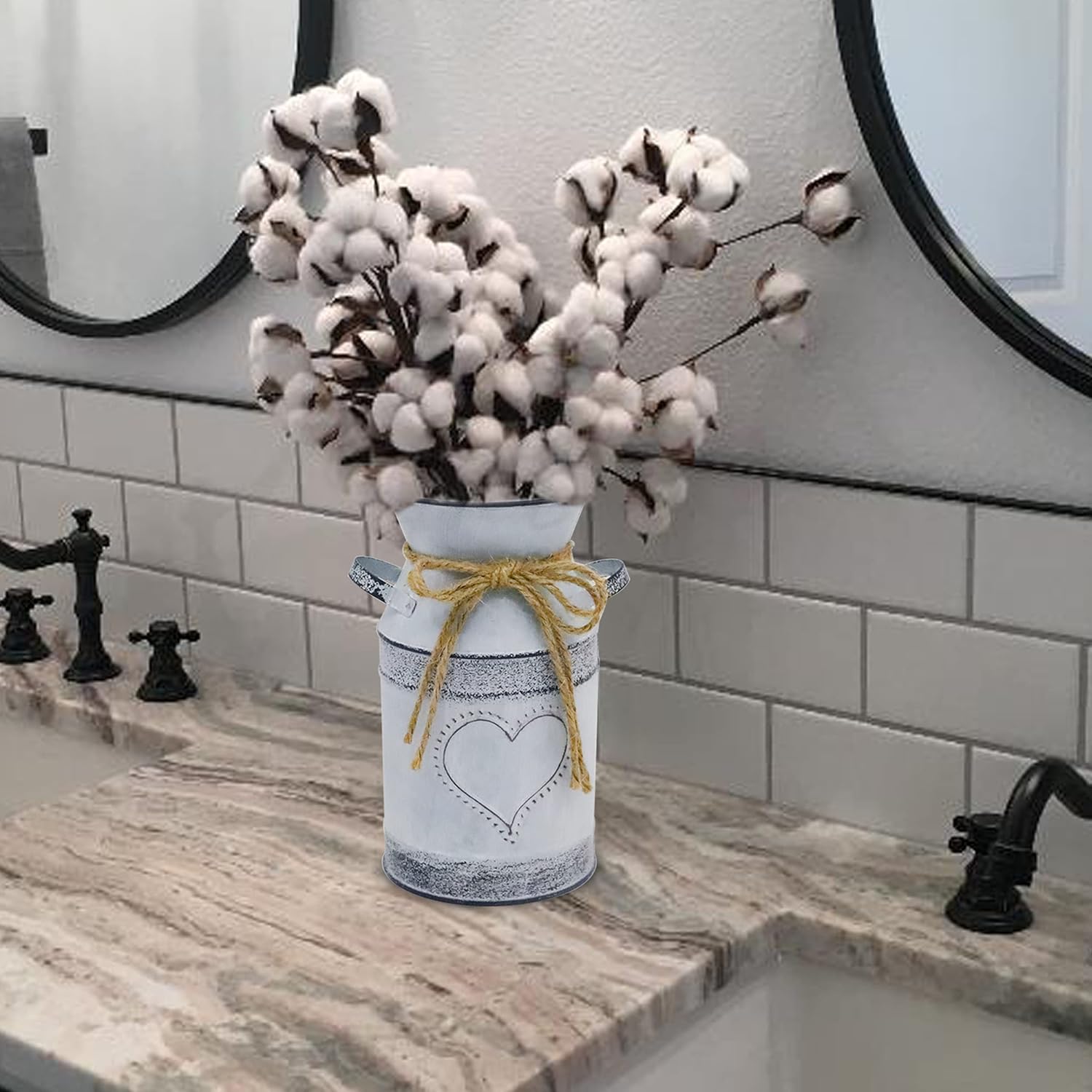 Shabby Chic Milk Can Vase with Heart & Rope Design Farmhouse Decor a7
