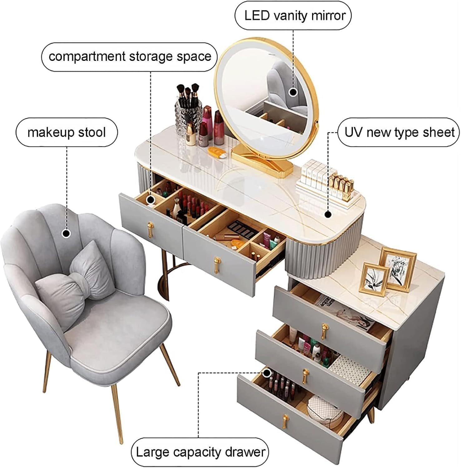 Vanity Desk with Mirror and 5 Drawers a7