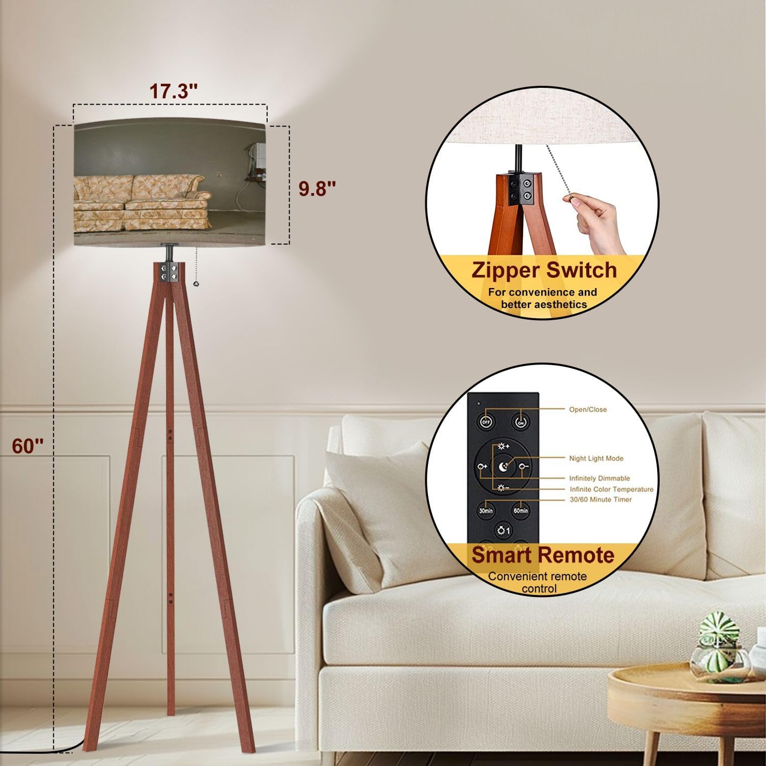 Wood Tripod Floor Lamp Linen Shade Dimmable Tall a7