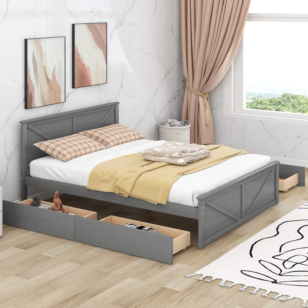Queen Bed Frame with 4 Storage Drawers Wood Platform Gray k7