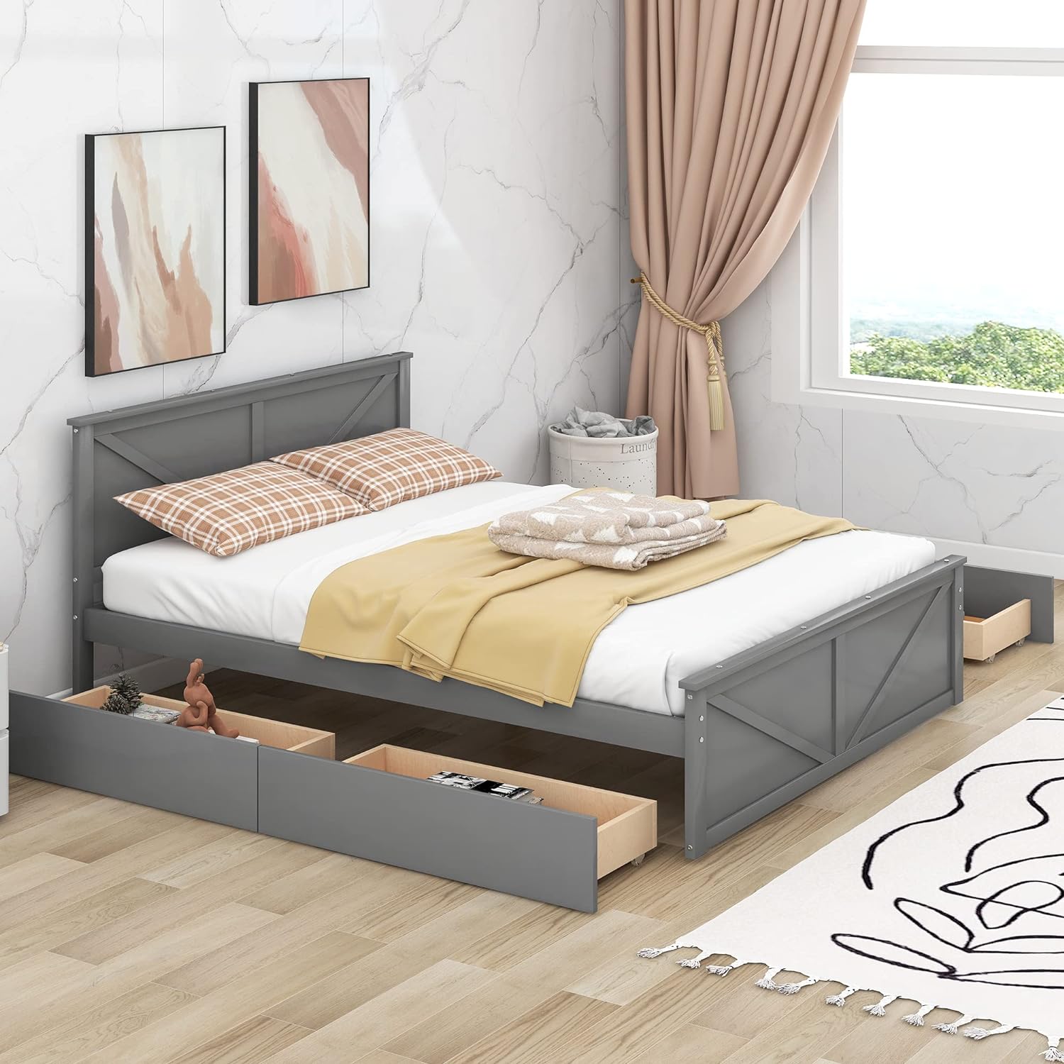 Queen Bed Frame with 4 Storage Drawers Wood Platform Gray k7
