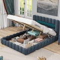 Upholstered Queen Size Bed With Lift Up Storage, USB Ports And LED Headboard, Linen Queen Platform Bed With Slats Support, No Box Spring Needed, Easy Assembly, Deep Blue