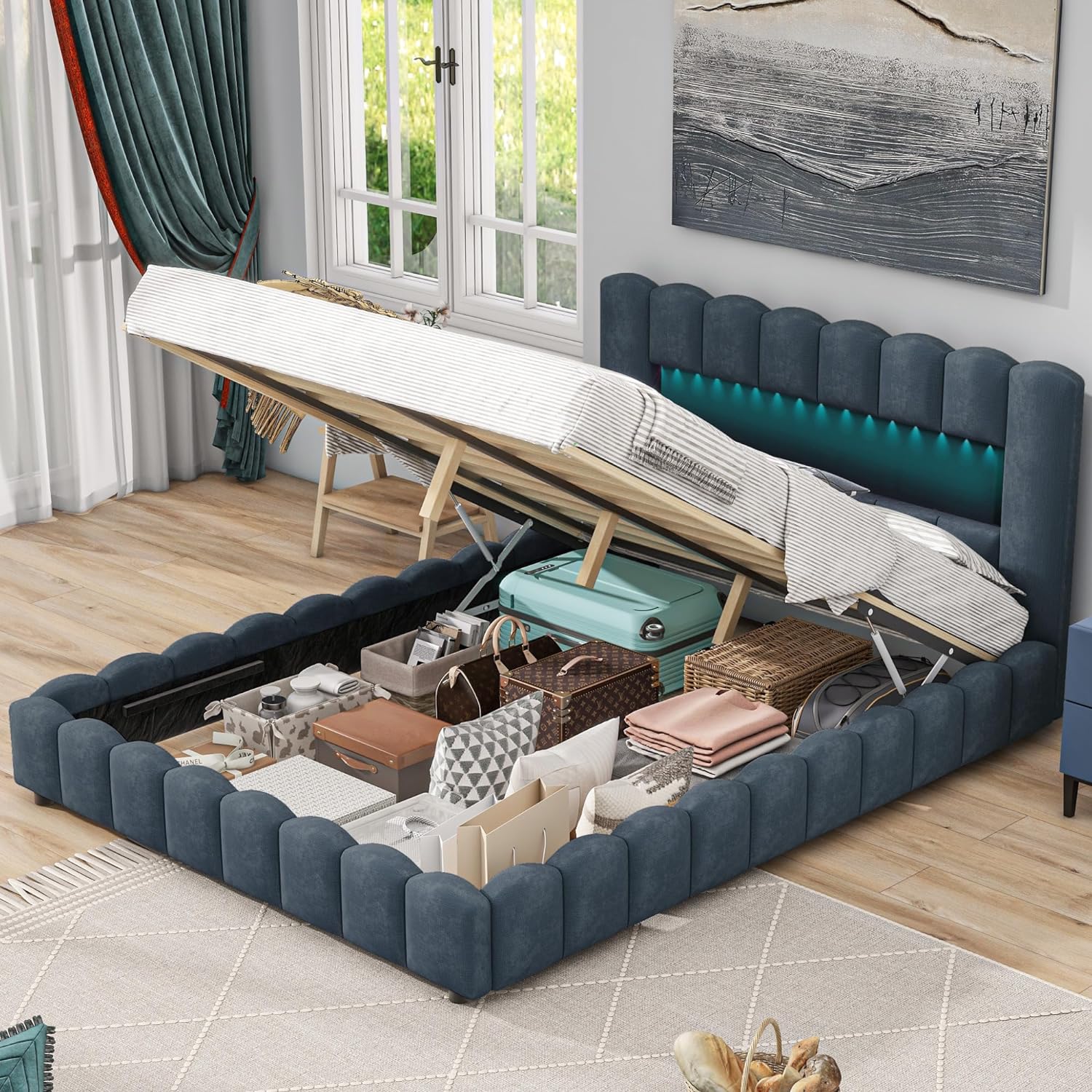 Upholstered Queen Size Bed With Lift Up Storage, USB Ports And LED Headboard, Linen Queen Platform Bed With Slats Support, No Box Spring Needed, Easy Assembly, Deep Blue