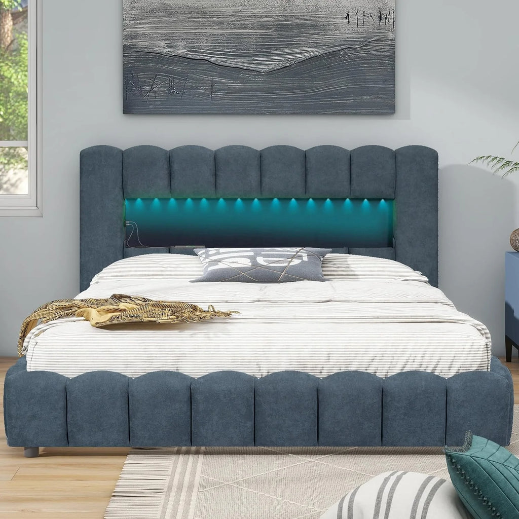 Upholstered Queen Bed with Lift-Up Storage and LED Headboard a7