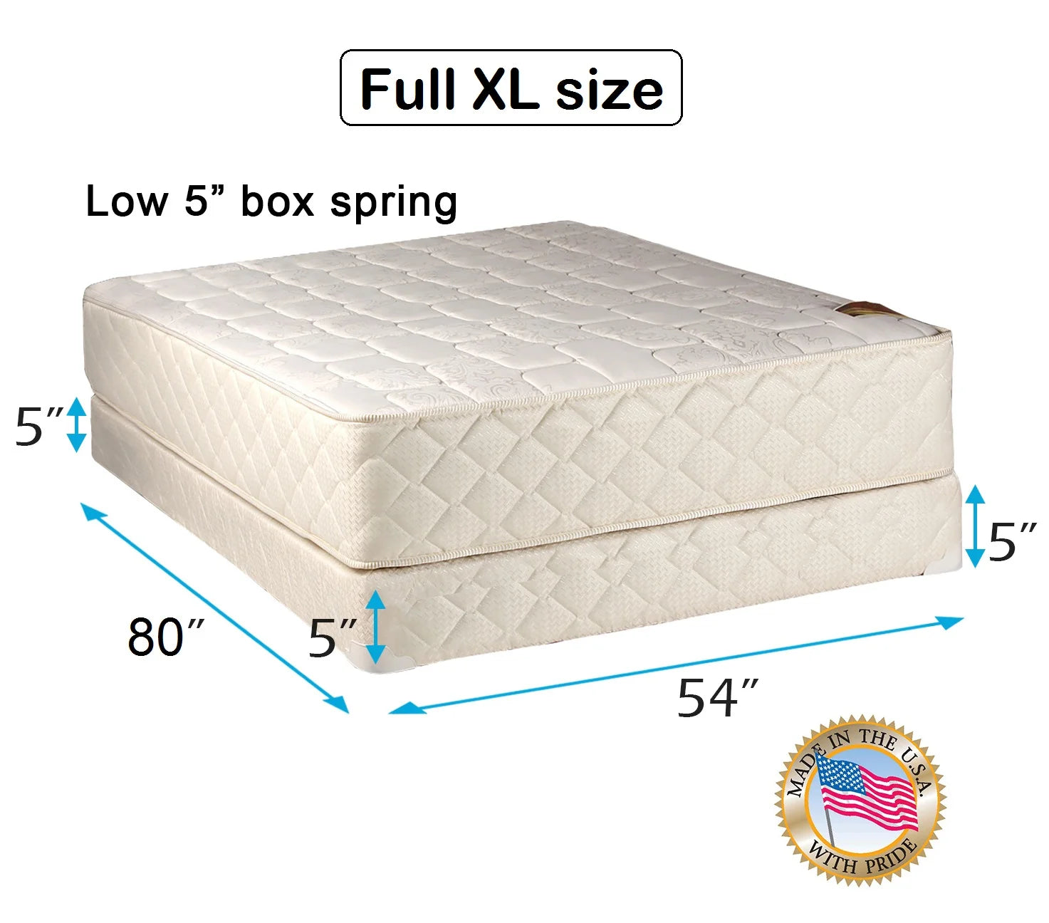Dream Sleep Grandeur Deluxe Full XL Size Mattress and Low 5" Height Box Spring Set - Fully Assembled, Good for your back, Luxury Height, Longlasting and 2-Sided
