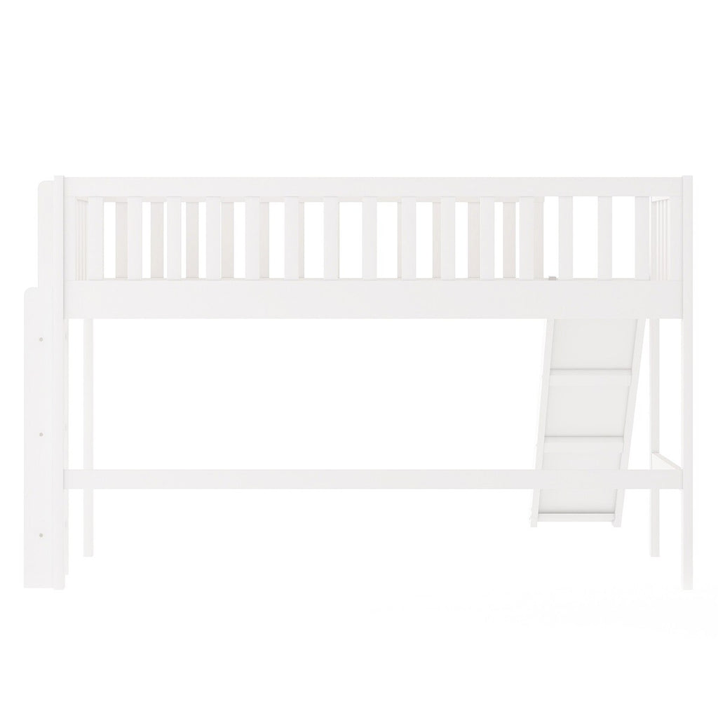 Wooden Low Loft Bed with Slide and Ladder White k7