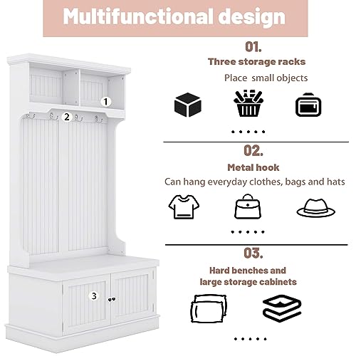 Hall Tree with Shoe Bench and 4 Hooks White k7