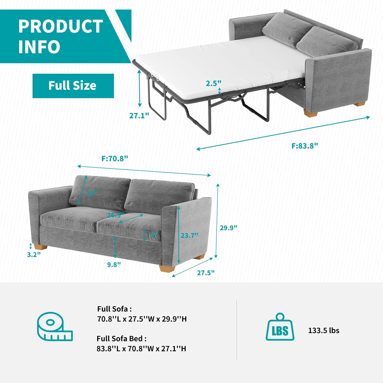Pull Out Sofa Bed with Foam Mattress, 2-in-1 Sleeper Couch Grey k7