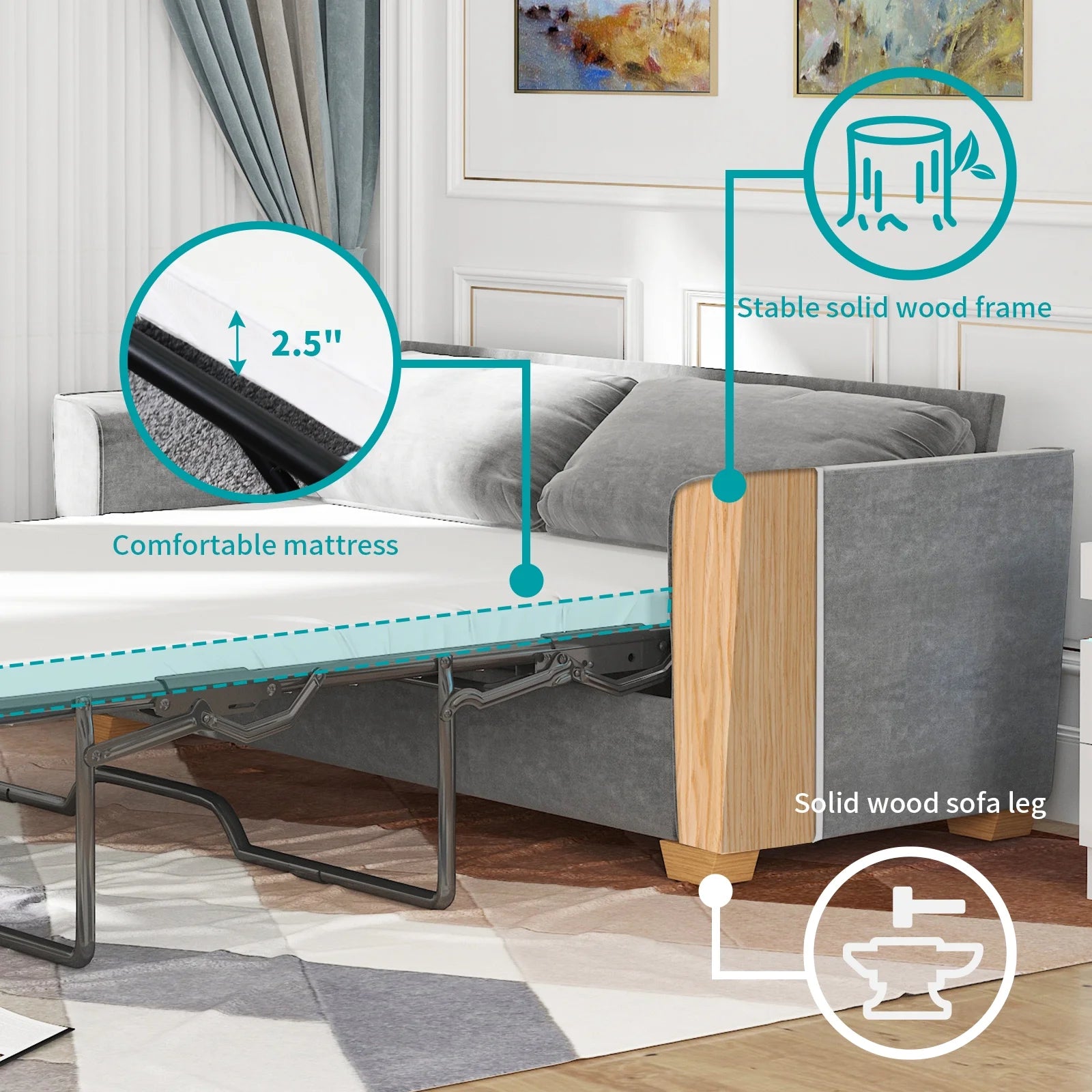 Pull Out Sofa Bed with Foam Mattress, 2-in-1 Sleeper Couch Grey k7