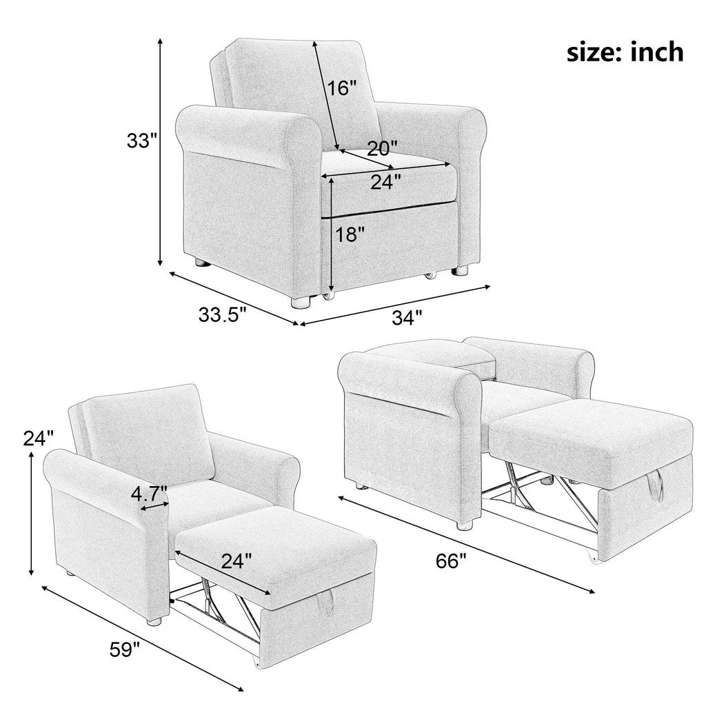3-in-1 Sofa Bed Chair Convertible Sleeper Chair Bed Modern Adjust Backrest Single Sofa Bed Livingroom Accent Chair for Bedroom Dark Blue