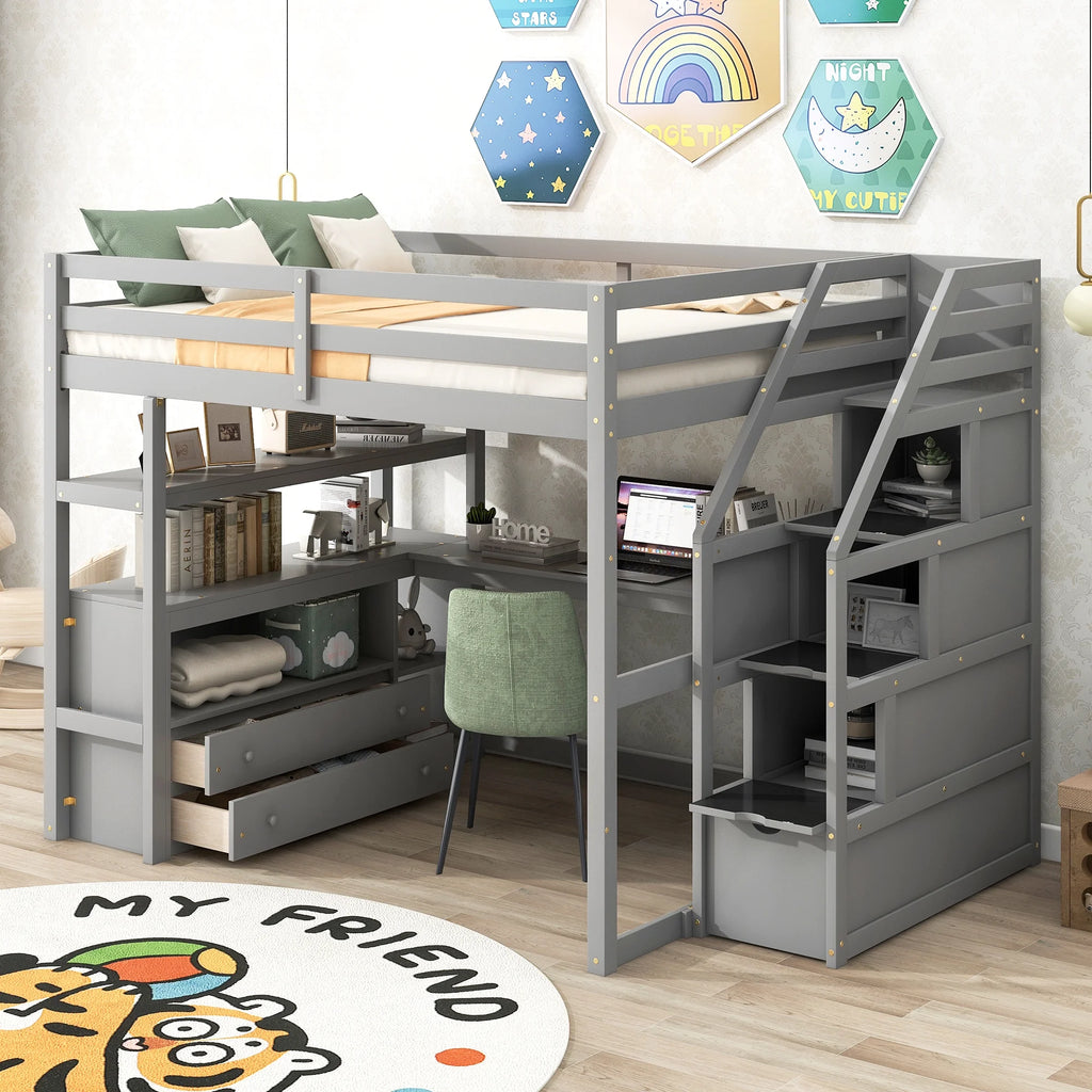 Full Loft Bed with Desk, Storage Stairs & Drawers k7