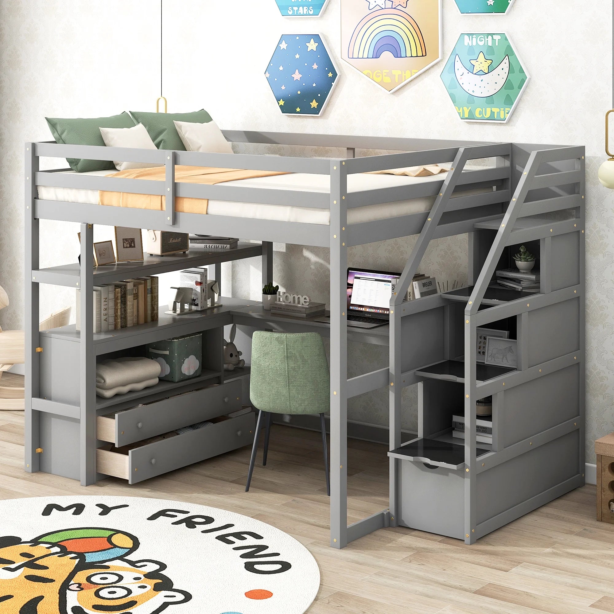 Full Loft Bed with Desk, Storage Stairs & Drawers k7
