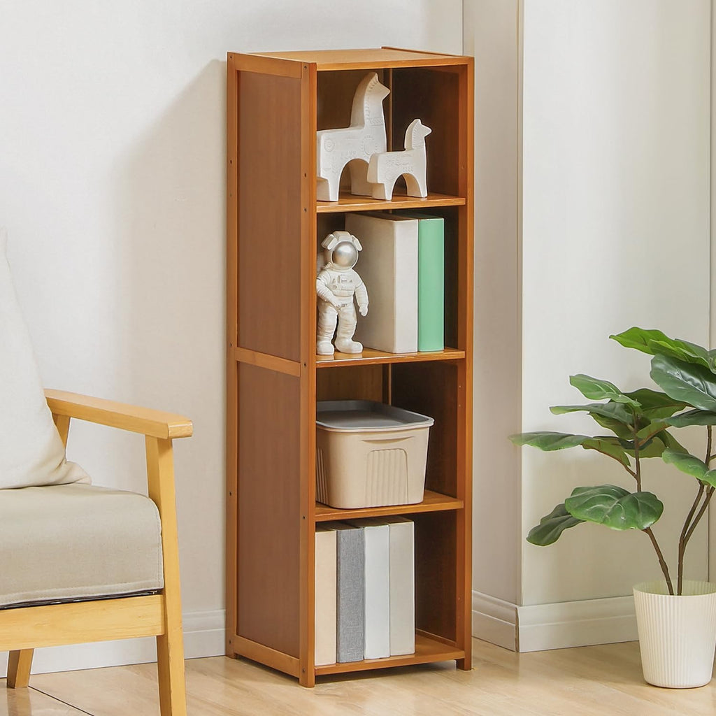 4-Tier Narrow Bookcase Brown Bamboo Storage Cabinet A7