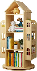 4-Tier Rotating House-Shaped Bookshelf, 360° Solid Wood Rotating Stackable Shelves Bookshelf Organizer for Home Bedroom Office_Intexca
