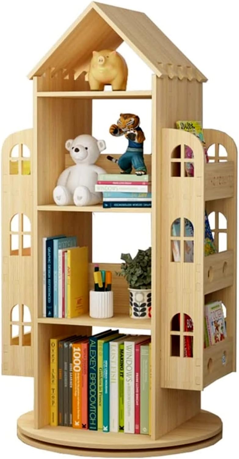 4-Tier Rotating House-Shaped Bookshelf, 360° Solid Wood Rotating Stackable Shelves Bookshelf Organizer for Home Bedroom Office_Intexca