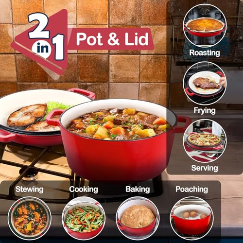 Enameled Cast Iron Dutch Oven 5 QT with Skillet Lid Pan A7